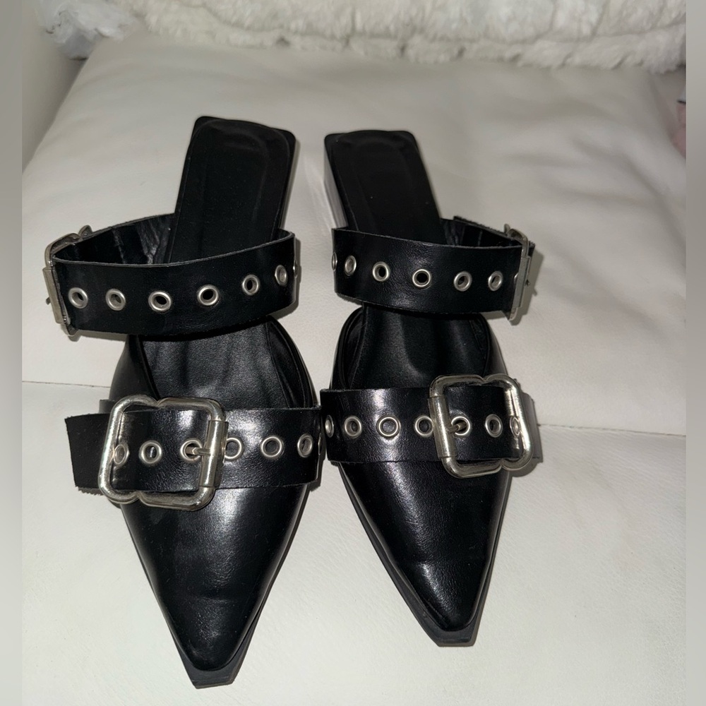 SHEIN Black Mules with Silver Buckle Accents